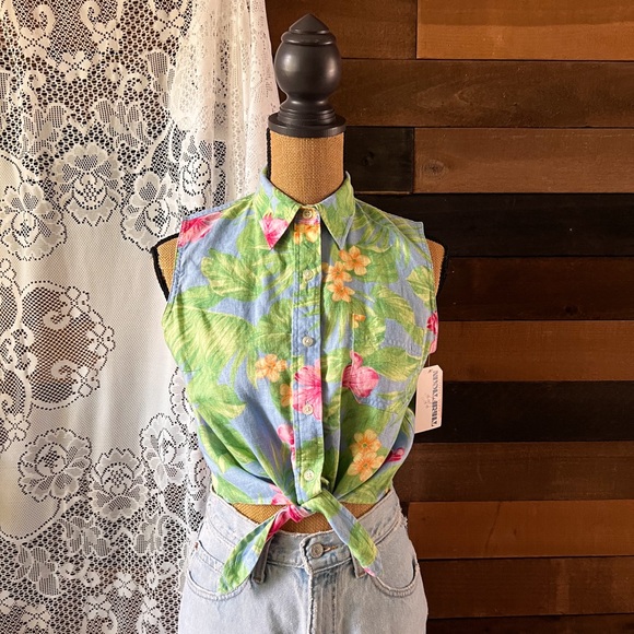 Ralph Lauren 100% Linen Tropical Print Sleeveless Tie Front Cropped Top - Picture 1 of 11
